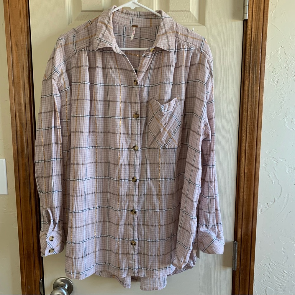 FREE PEOPLE Long Sleeve Button Up with Gold Threading